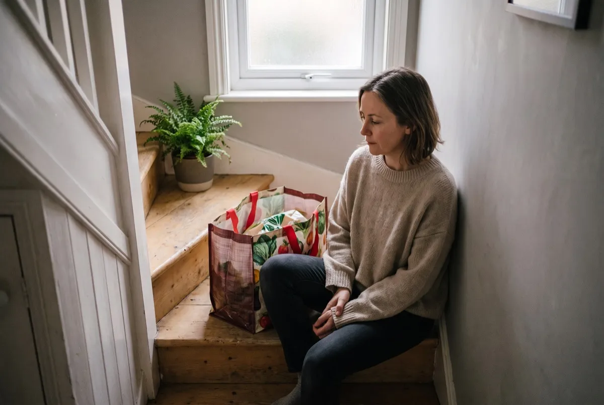 Martina macht am Fenster eine Pause, neben ihr die Einkaufstuete