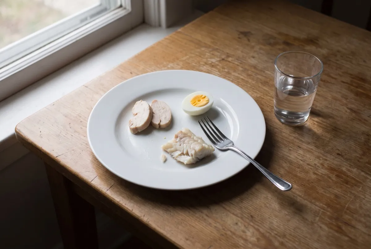 Kleiner Teller mit wenig Essen und einem Glas Wasser