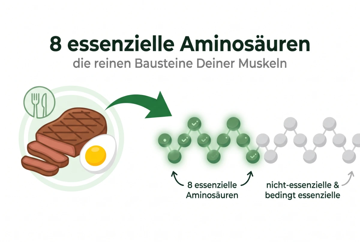 Infografik: die 8 essenziellen Aminosäuren als Bausteine der Muskeln