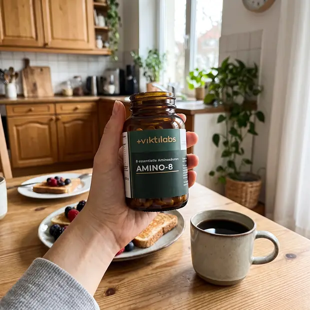 Amino 8 in der Hand am Frühstückstisch
