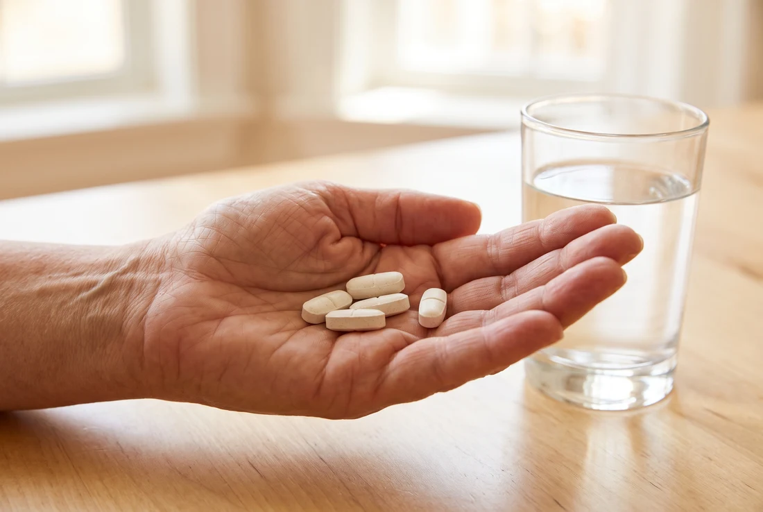 Fünf kleine Amino-8-Presslinge in der Hand neben einem Glas Wasser