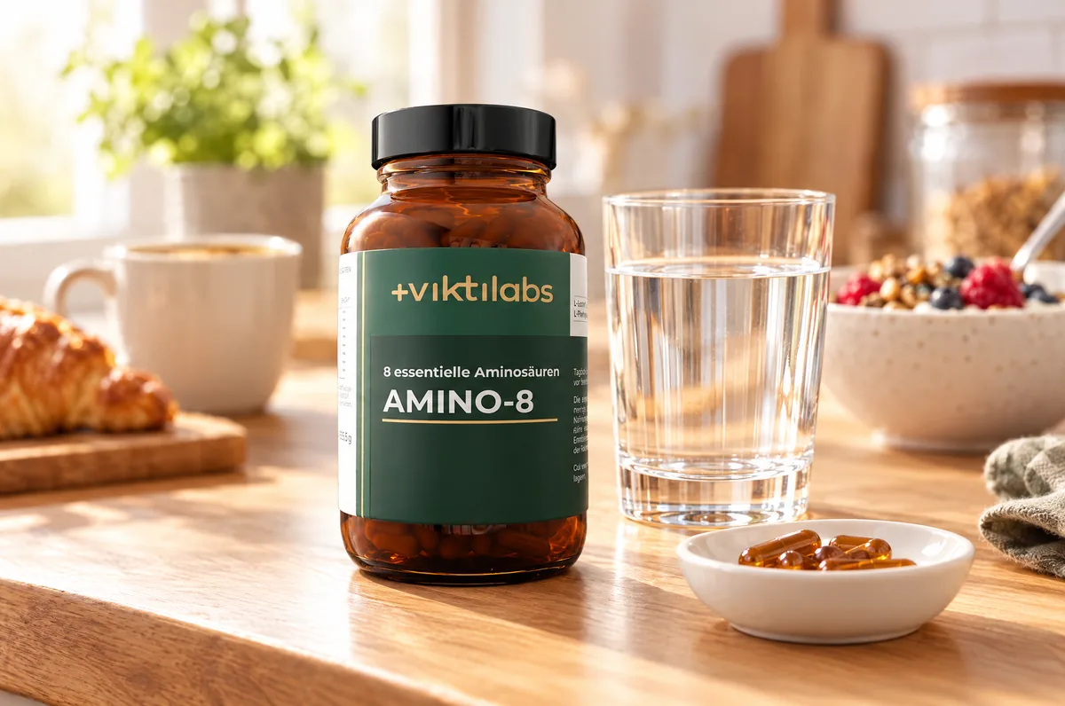 Amino-8 Flasche auf der Küchenablage neben Wasserglas und Kapseln
