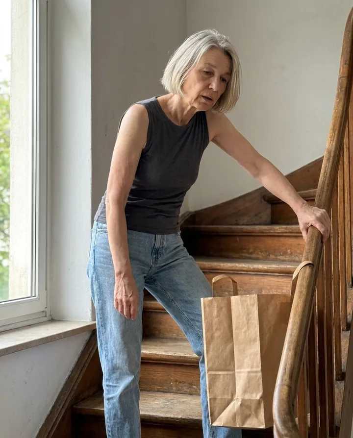 Frau erschöpft auf der Treppe mit Einkaufstasche