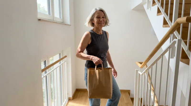 Dieselbe Frau geht aufrecht mit Einkaufstasche die Treppe hinauf