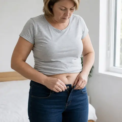 Frau bekommt den Knopf der Jeans nicht zu