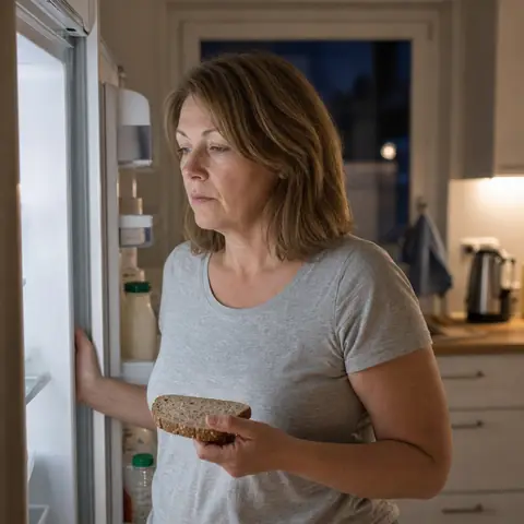 Frau am offenen Kühlschrank mit einer Scheibe Brot