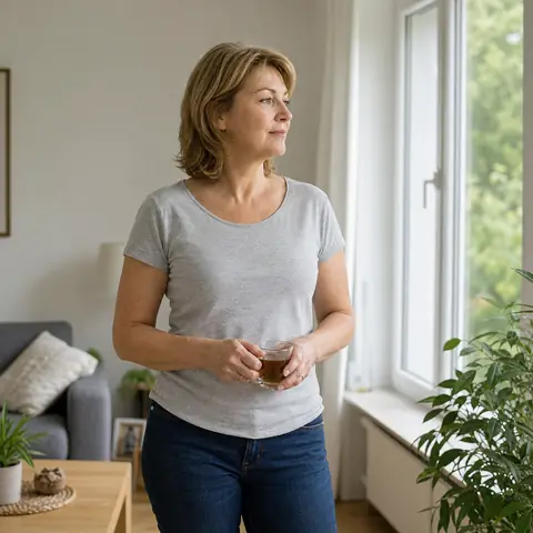 Frau steht entspannt mit einer Tasse Tee im Wohnzimmer