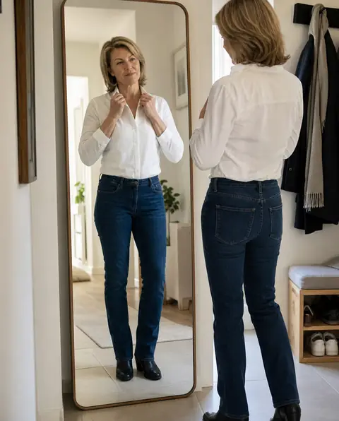 Frau in Bluse und Jeans richtet vor dem Spiegel ihren Kragen