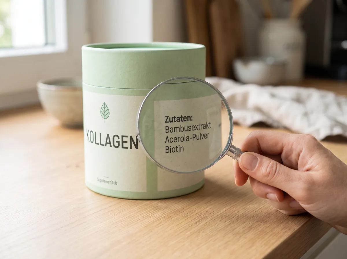 Lupe über der Zutatenliste einer Dose mit der Aufschrift Kollagen