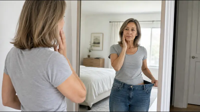 Frau vor dem Spiegel hält die zu weite Jeans und berührt ihre Wange