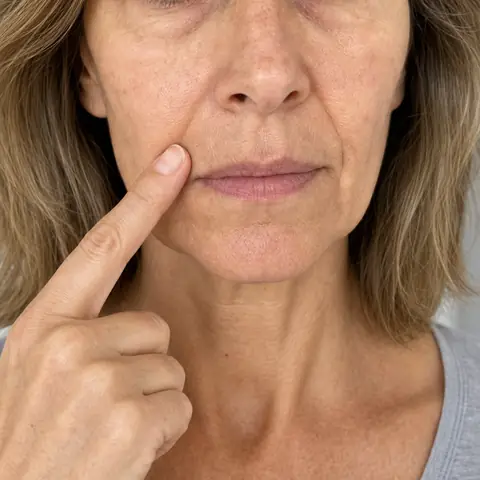 Frau fährt die Falte von der Nase zum Mund nach