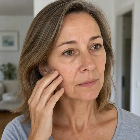 Frau berührt ihre Wange unter dem Wangenknochen