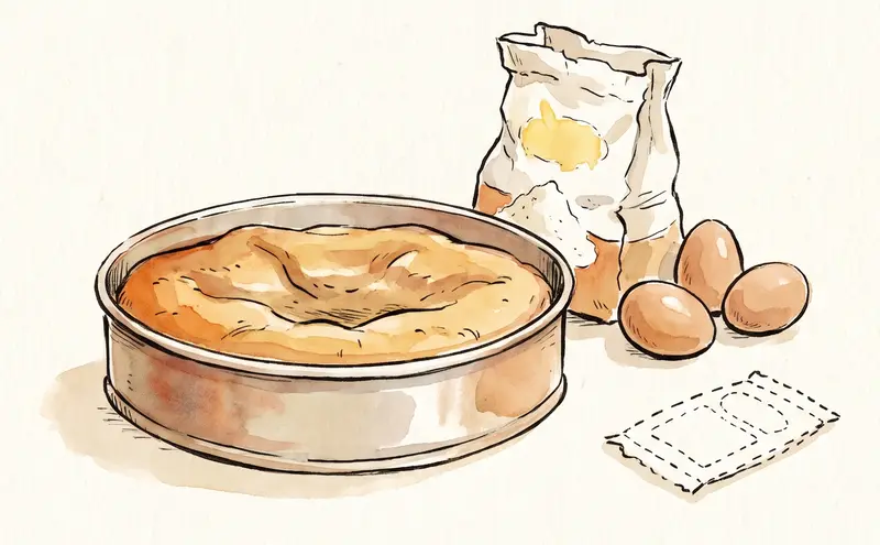 Flacher Kuchen, daneben Mehl und Eier, das Backpulver fehlt